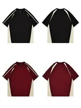 酒紅色のカラーブロック コットン半袖Tシャツ【アメリカンスタイル・ルーズフィット・ラグランスリーブ】