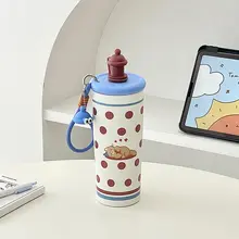 ドット柄 保温マグカップ【冷温両用・大容量・ストロー付き】