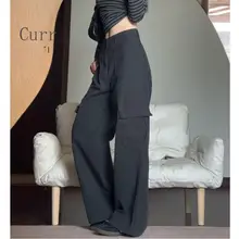 カジュアルなデザインの水泥灰色工装パンツ【ハイウエスト・ゆったり・ポケット付き・ストレートシルエット】