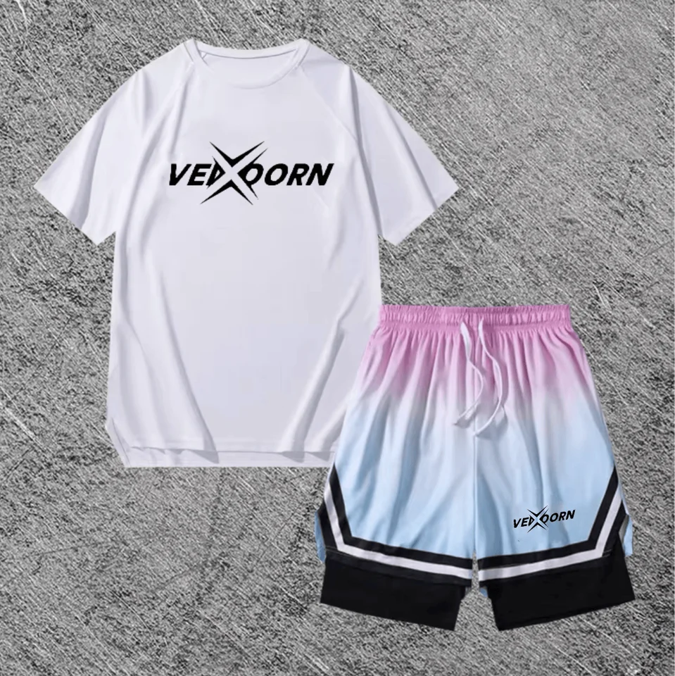 男士用 バスケットボールTシャツ【ショートスリーブ・速乾・トレーニング用・グラデーション短パン】（セットアップ対応）