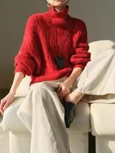 グレーの長袖ハイネックニットセーター【ケーブル編み・女性用・冬向け】