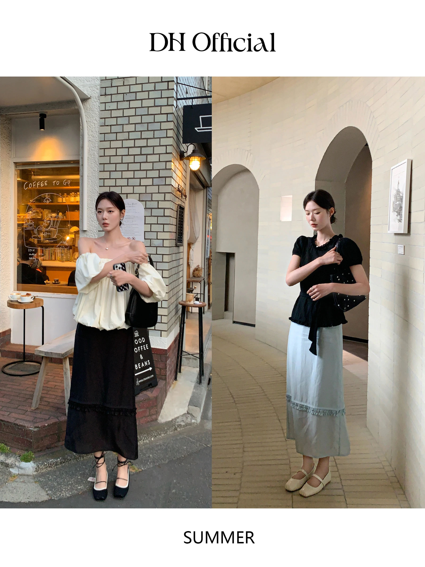 華やかな花柄フレアスカート：二重構造とレースフリルが特徴の通勤スタイル