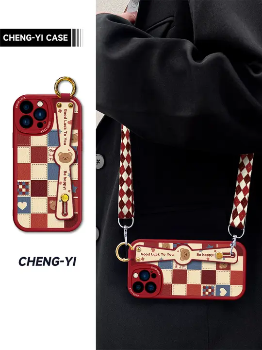 チェック柄クマデザインのiPhone用スマホケース【腕時計型ストラップ・スリングバック付き】