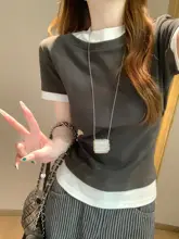 バイカラー風デザインの短袖Tシャツ【レディース・春夏向け・シンプルで着回し抜群・肩の落ちたデザイン】（セットアップ対応）