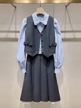 学院風の少女向け刺繡レースストライプシャツ・蝶結びベスト・ミディスカート（セットアップ対応）