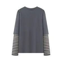 パンダプリントのストライプスリーブ・ラウンドネックTシャツ【シフォン風・ゆったりデザイン・カジュアル用】（セットアップ対応）