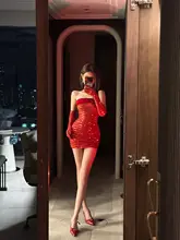 ChiclyNana 赤色トップレスドレス【ハイウエスト・ストリートスタイル・スリムフィット・スパンコール付き】