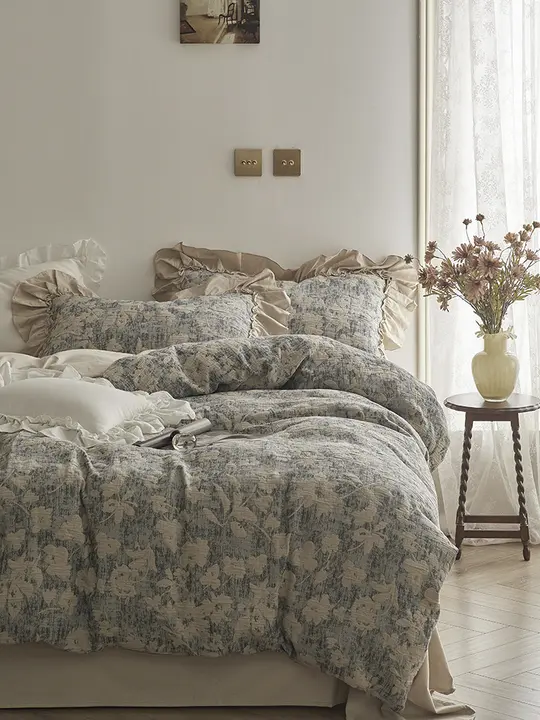 Zijpe 高級レトロレースデザインの60サテン洗濯コットン ベッドシーツ＆カバー4点セット【純綿・フィットシーツ式】