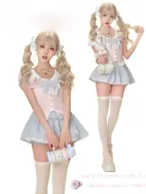 少女風セーラー襟半袖トップス【蝶ネクタイ付き・ブルーのスカートも】（セットアップ対応）