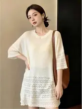夏用の透け感のあるニットTシャツ【大きいサイズ・ゆったり・通気性・中長丈・スリム効果】（セットアップ対応）