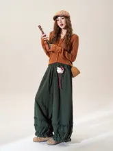 バルーンパンツ レディース グリーン 韓流 フリル パッチワーク ゴムウエスト ハイウエスト 着痩せ アンクル丈 ワイドパンツ 秋