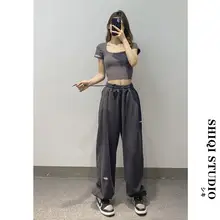 高腰ワイドレッグジャズ＆ヒップホップダンスパンツ【グレー・ゆったりデザイン・女性用】