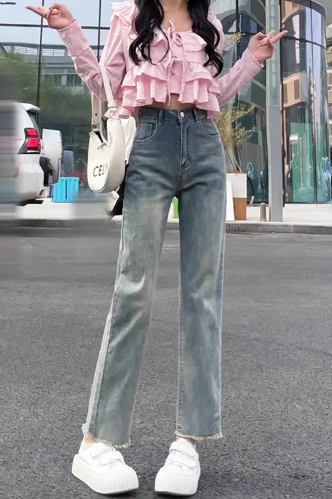 レトロブルーのストレートデニムパンツ【ハイウエスト・九分丈・淡色】（セットアップ対応）