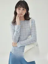 ブルーチェック柄レース付き薄手長袖Tシャツ【レディース・フィット感のあるデザイン】