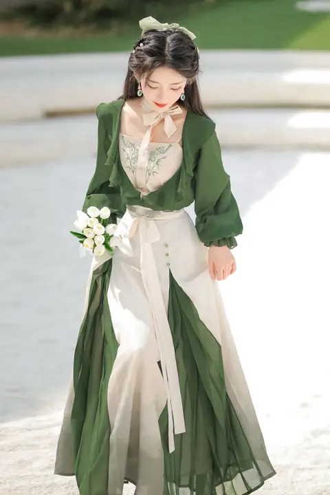 ワンピース セットアップ レディース チャイナテイスト 漢服風 青緑 エレガント 甘め モダン デイリー きれいめ