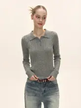 ポロ襟デザインの春用フィットニットトップス【女性用・ウエストシェイプ】