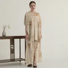 中華風のシンプルでクールなワイドレッグパンツ【アートなレトロデザイン・ゆったりしたシルエット・大きいサイズ・セットアップ対応】