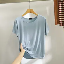 モダール製 ラウンドネック半袖トップス【夏用・薄手・白色・ゆったりフィット】