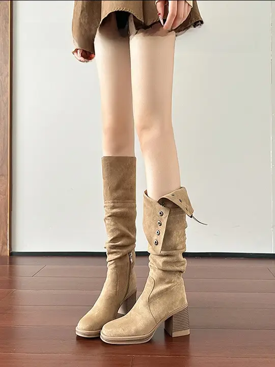 レトロ風の太ヒールロングブーツ【折り返しデザイン・高筒・ライディングブーツ】（セットアップ対応）