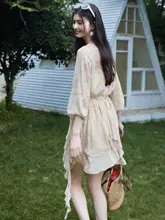 原野花柄シフォンワンピース【Vネック・ウエスト調整・不規則デザイン】（セットアップ対応）