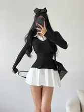 風車と矛のデザイン！長袖ニットワンピース【ウエスト絞り・プリーツスカート・春用】（セットアップ対応）