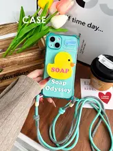 かわいい小黄鸭デザインのスマートフォンケース【全包タイプ・ハンドストラップ付き・多機種対応】