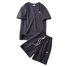 夏季快適！全棉素材 男性用ショートスリーブTシャツ＆ショートパンツ【通気性・カジュアル運動】（セットアップ対応）
