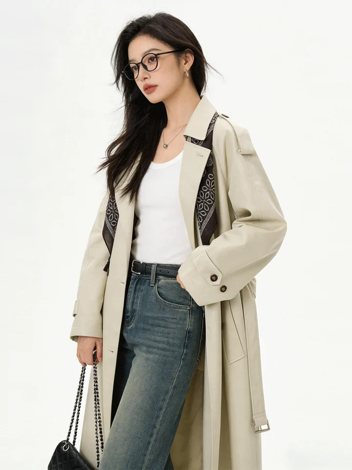 トレンチコート レディース ロング丈 ダブルブレステッド スカーフ付き ベルト付き ウエストマーク 着痩せ 着回し 韓流 ヴィンテージ トラッド 早春