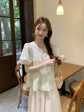 ピンク系ラベンダーカラーのレース切替バルーンスリーブブラウス【夏用・柔らか短袖・ドールシャツ】