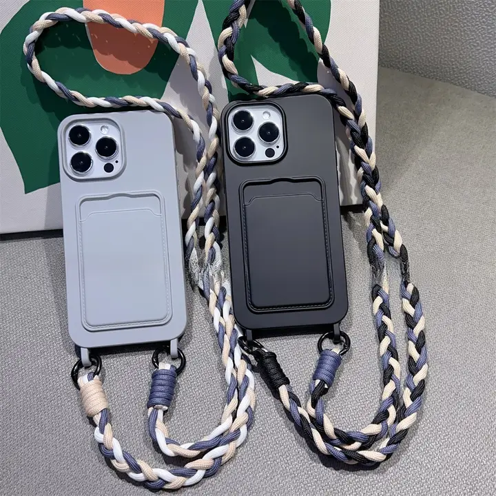 バイカラー編み込みショルダー紐付きiPhone用ケース【iPhone 16 Pro Max、iPhone 15、11、XSMAX対応・ソフトケース・カードポケット付き】