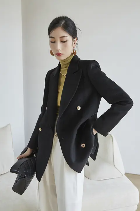 ARNA ダブルボタン ウォーターワッフル ウールカシミヤ ジャケット【フレンチスタイル・ミディアム丈】