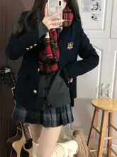 オリジナル深藍色チェック柄スカートのJK制服【秋冬用・ショートジャケット・重ね着スタイル】（セットアップ対応）