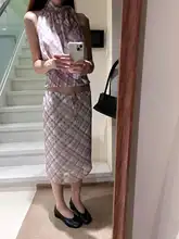 レトロデザインのストレートチェック柄スカートと抽绳付きビスチェ【多様な着こなし対応】（セットアップ対応）