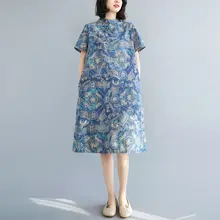 夏用型 中長丈コットンリネンチャイナドレス【改良盤扣・短袖】