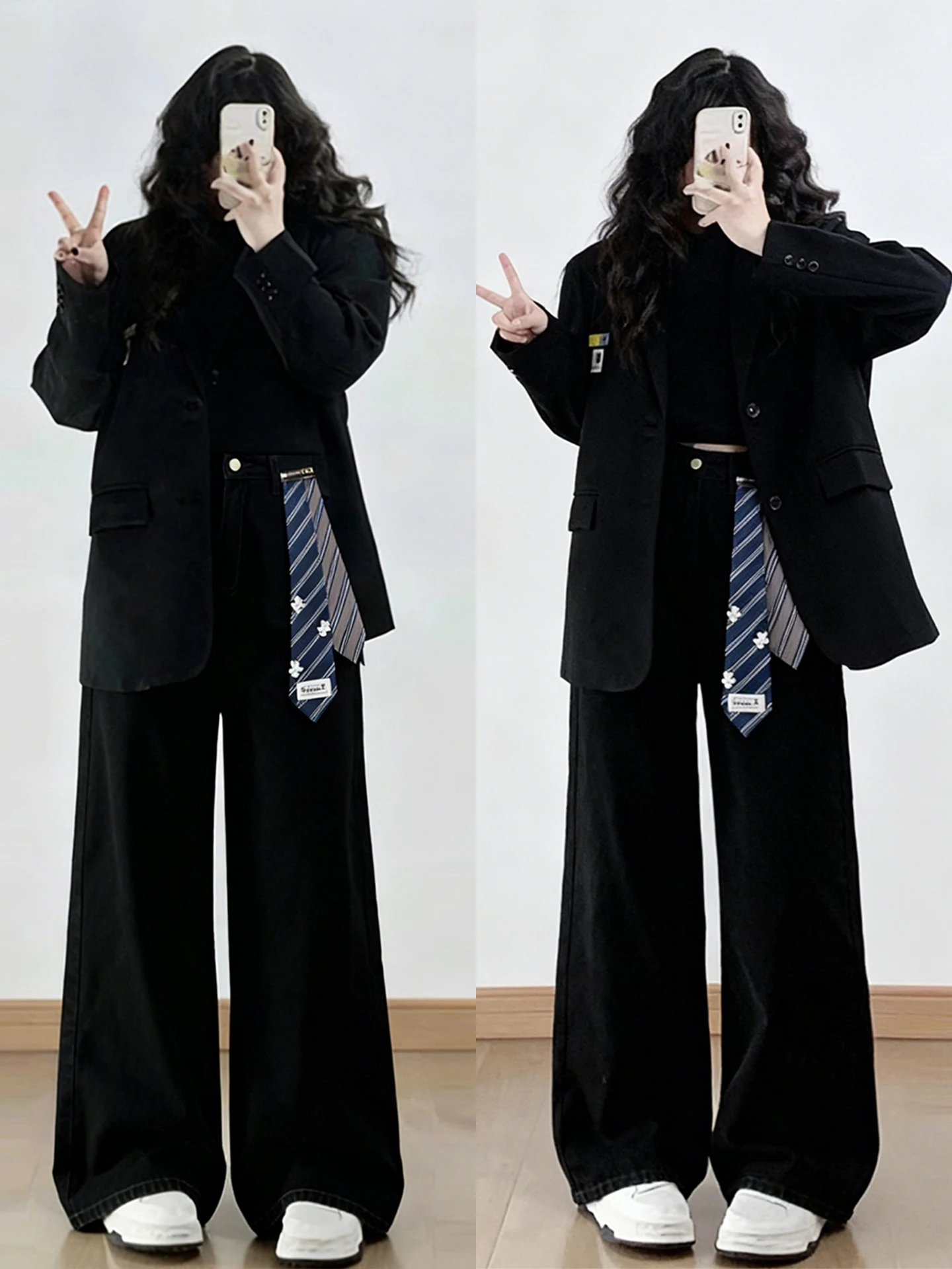 黒いデニムパンツの服合わせ：韓国風ワイドレッグが四季をカバーする実用性