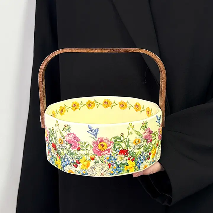 美しい花柄の陶器製手提げフルーツバスケット【ヴィンテージ風・家庭用・飾り用】