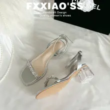 水晶装飾のサンダル【女性用・夏・シルバー・透明・太ヒール・ローマ風】