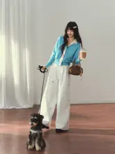 春季女子向けストライプネクタイ付きVネックカーディガン【カラーコントラスト・極上の柔らかさ】（セットアップ対応）