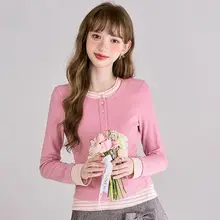 トップス レディース フェイクレイヤード 長袖Tシャツ 厚手 インナー ピンク フェミニン 秋冬
