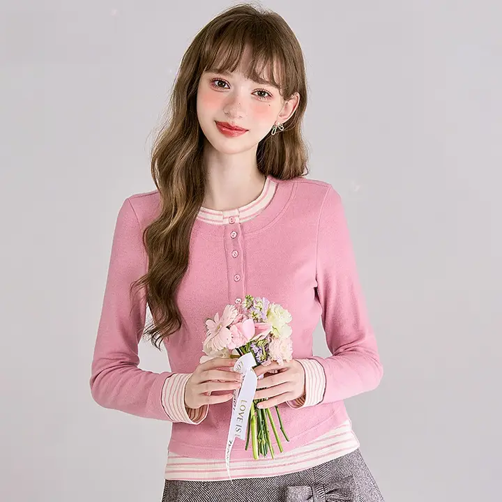 トップス レディース フェイクレイヤード 長袖Tシャツ 厚手 インナー ピンク フェミニン 秋冬