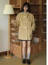 ヴィンテージ風 フード付き中長丈コットンコート【ボタンデザイン・ゆったりシルエット・女性用】