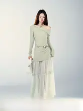 斜め肩デザインの長袖ワンピース【春用・メッシュ切替・女性用・エレガントスタイル】