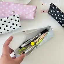 ポルカドットデザインのペンケース【携帯便利・シンプル・防水PU素材】