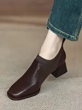 春秋用 中ヒールのレディースシューズ【柔らかい羊革・編み上げデザイン・スクエアトゥ】