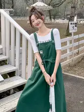グリーンのオーバーオール風サロペットワンピース【カジュアルデザイン・夏用】（セットアップ対応）
