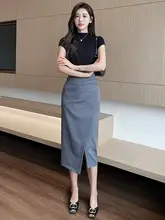 ミディスカート 女性 夏季 ハイウエスト スリット タイトスカート 通勤 中丈 ビジネス スタイル フランス風 プリーツ