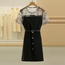 愛らしいハートデザインのウエストベルト付きメッシュ切り替えワンピース【ブラック・夏用・女性用】