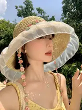 フラワープリントの網タイ製女性用夏用サンハット【ビーチやリゾートに最適・大きなつば・草編み】