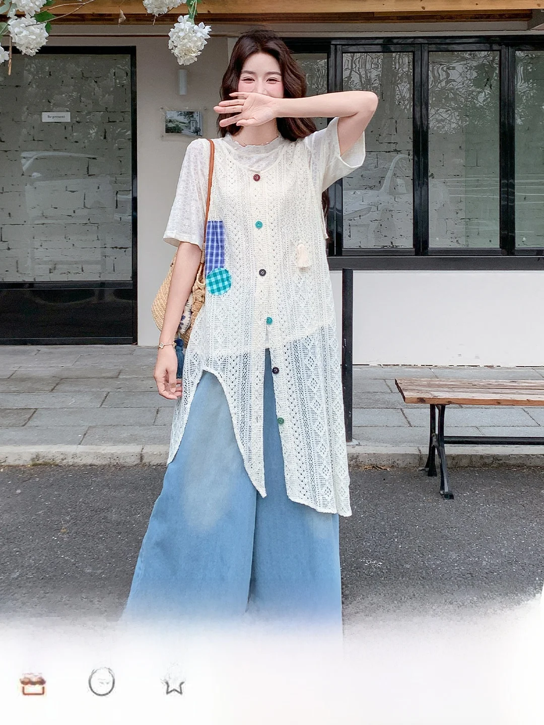 白色レース短袖ベストとデニムワイドパンツの夏コーデ：軽量・透气・カジュアルな女性向け三件套