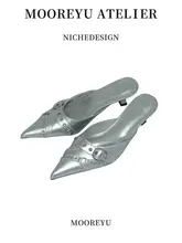 シルバー色の本革ミュール【尖頭・細ヒール・夏用・外出用】